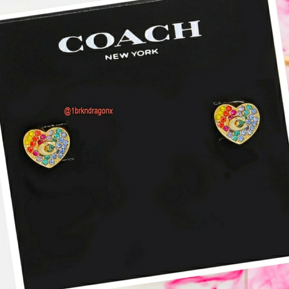 NWT NWB Coach Heart Earrings Paved Rainbow Heart Gold Multicolor Rainbow Sparkle - Picture 9 of 13